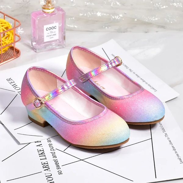 Princess Shoes for Girls Spring Autumn Glitter Fashion Kids Dress Sapato de couro Rainbow lantejas infantis Party Wedding High Heels 241217
