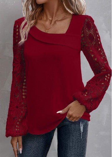 Modlily Wine Red Lace Plus Size Long Sleeve Blouse - 1X