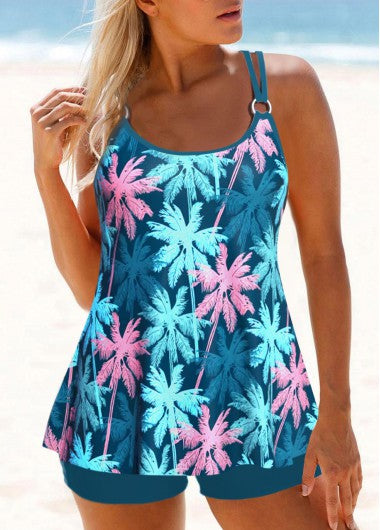 Modlily Circular Ring Mid Waisted Tropical Plants Print Tankini Set - S