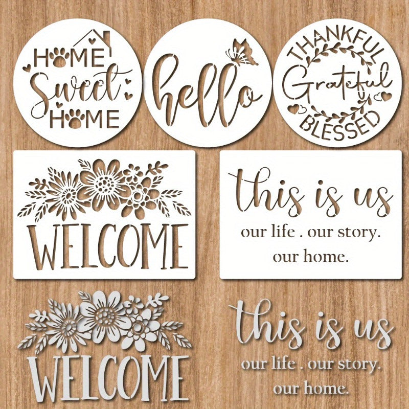 TEMU 5pcs Welcome Stencil Set - Reusable Diy Letter Art Templates, Suitable For Scrapbooking, Logos, Shirt Canvas, Walls, Furniture, Floor Decor
