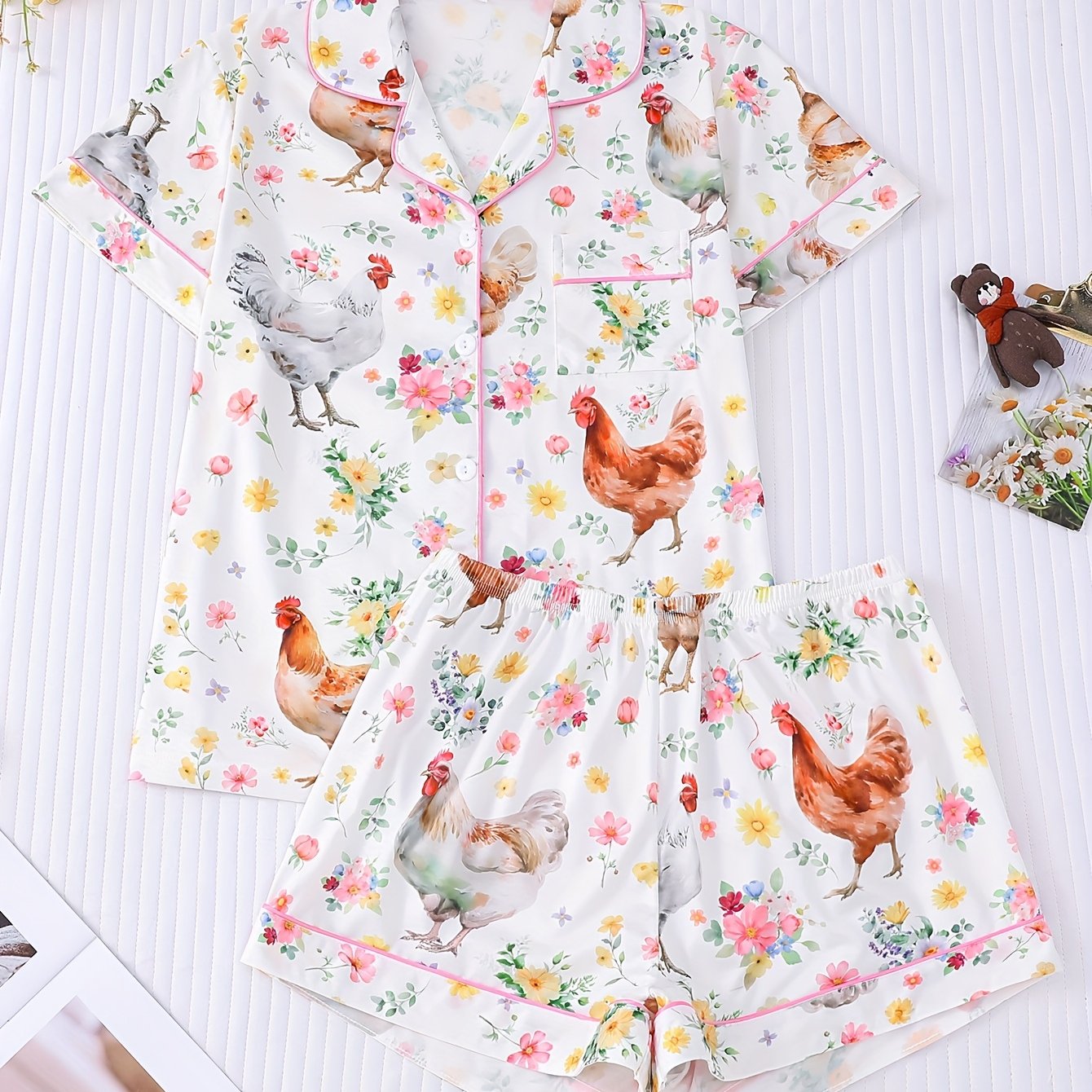 TEMU 2 Piece Women's Sleepwear Set, Knitted Fabric, Short Sleeved Button Top, Matching Shorts, Full Body Animal Print, Sleepwear Set, Collar And