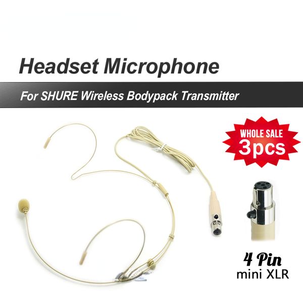 3pcs-lot Professional 4pin XLR TA4F Headset Headworn Cardioid Condenser Microphone For Shure Wireless Bodypack Transmitter input