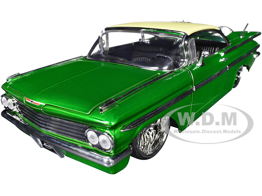 1959 Chevrolet Impala Lowrider Green Metallic with Cream Top and DUB Wire Wheels "Street Low" Series 1-24 Diecast Model Car by Jada
