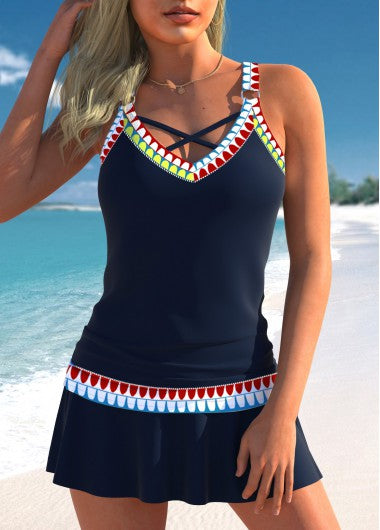 Modlily Circular Ring Low Waisted Tribal Print Navy Tankini Set - L