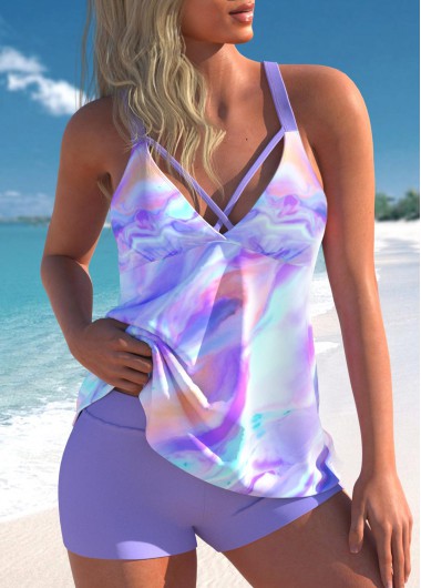 Modlily Criss Cross Mid Waisted Ombre Light Purple Tankini Set - XL
