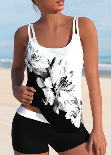 Modlily High Waisted Floral Print White Tankini Set - XXL