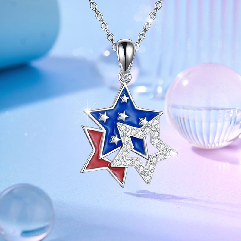 TEMU Women's Patriotic Star Necklace - Enamel & Accents, White Golden-plated Durable Jewelry For , Christmas, Birthdays, Parties & Casual Attire,