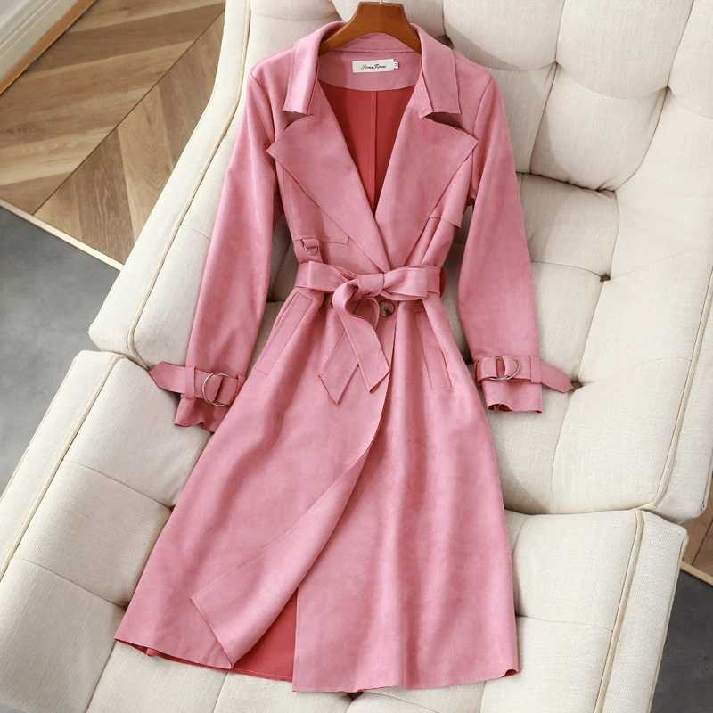 New Womens Belt windbreaker Coat Retro Korean Long Thin Chamois Suede Trench Jacket Top Female Autumn Double-Breasted OuterwearX240921