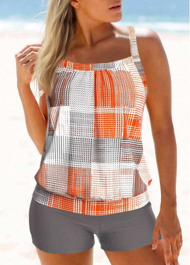 Modlily Criss Cross Mid Waisted Geometric Print Orange Tankini Set - S