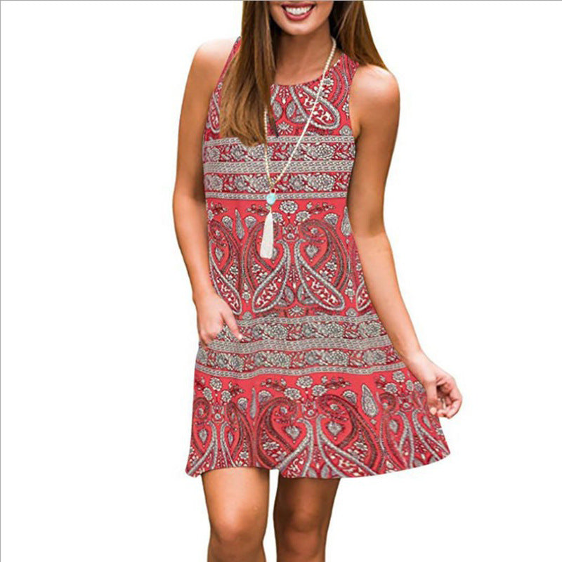 Casual Dresses Women&#039;s Summer Sleeveless Bohemian Print Bouquet Waist Swing Loose Pocket T-Shirt Dress