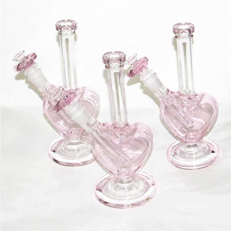 9 Inch Heart Shape hookahs glass bong pink color dab oil rigs bubbler mini glass water pipes with 14mm slide bowl piece quartz nails