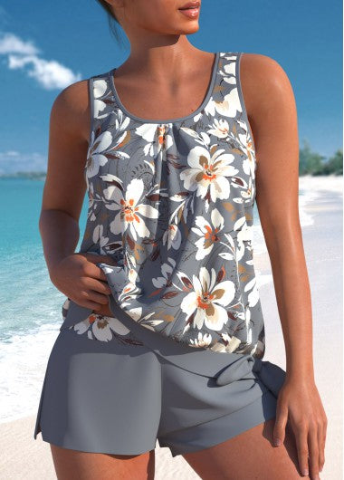 Modlily Grey Bowknot Tankini With Bottom Floral Print Wide Strap Tankini Set - XXL