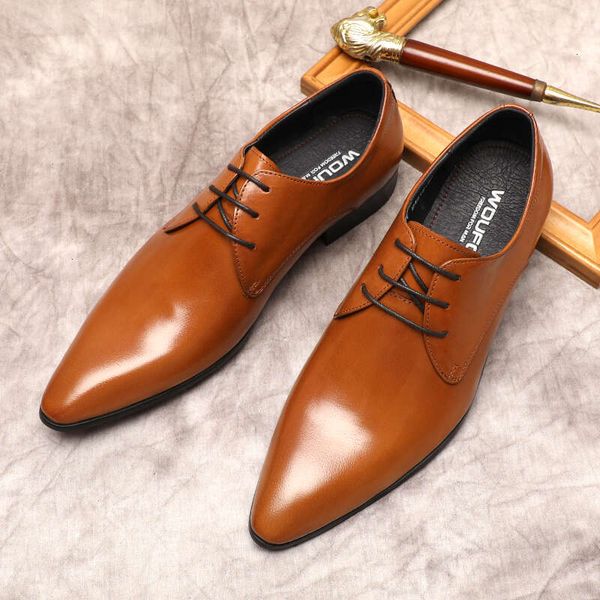 HKDQ Formal For Genuine Leather Italian Dress Men Black Brown Lace Up Wedding Men&#039;s Pointy Oxford Shoes