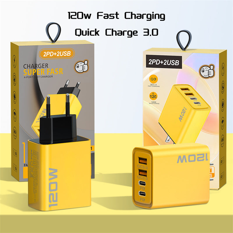 120W Fast Charging 4 Ports Mobile Phone Charger QC3.0 USB Type C Chargers Dual PD Wall Adapter EU-US-UK Plug for iPhone 15 Xiaomi Samsung