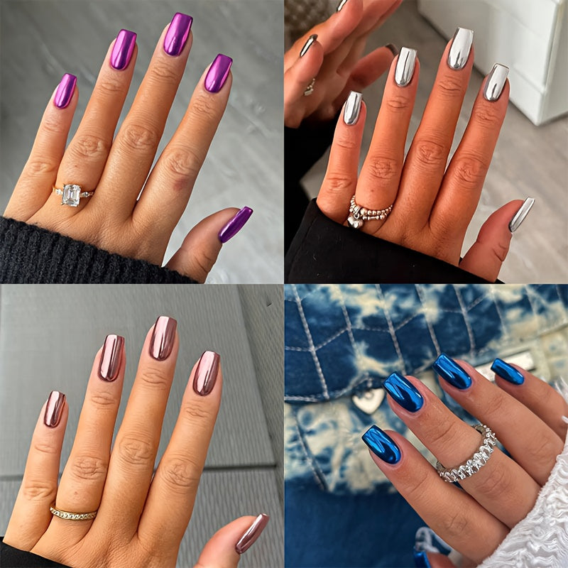 TEMU 96pcs Of Silvery, Purple, Rose Golden, And Royal Blue Chrome-plated Square Press-on Nails, Short And Medium-sized Mirror--plated False Acrylic