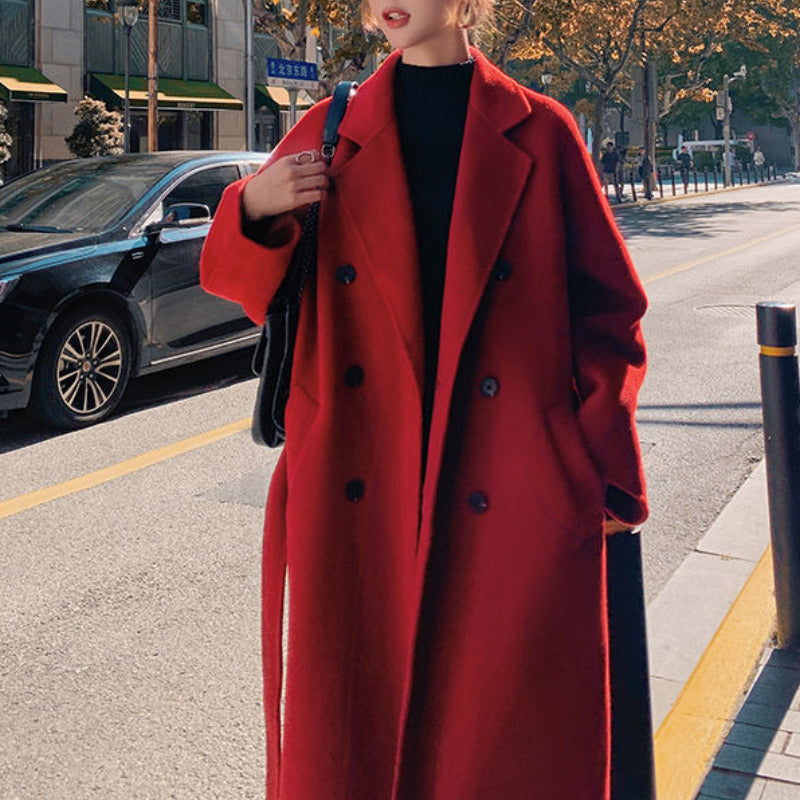 Women&#039;s Wool Blends Winter Autumn Christmas Red Black Loose Long Coat Jacket Belt en Overcoat Korean Women Split Hem Cardigan Outerwear 230107