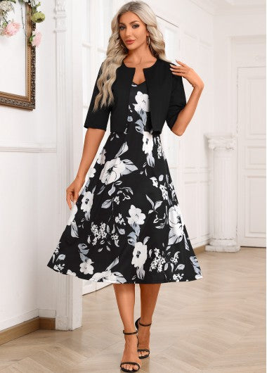 Modlily Black Two Piece Floral Print Dress and Cardigan - XXL