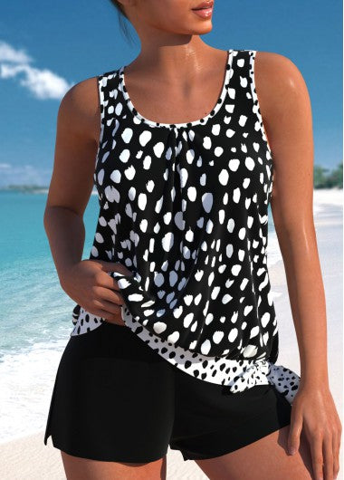 Modlily Bowknot Polka Dot Black Tankini Set - M
