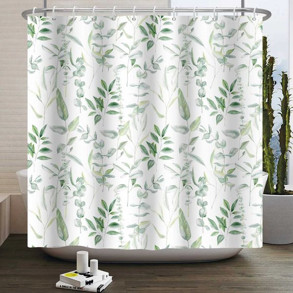 Watercolor Leaves Shower Curtain Nordic Style Flowers Green Plants Polyester Fabric Bathroon Decoration Curtains with 12 Hooks M240824