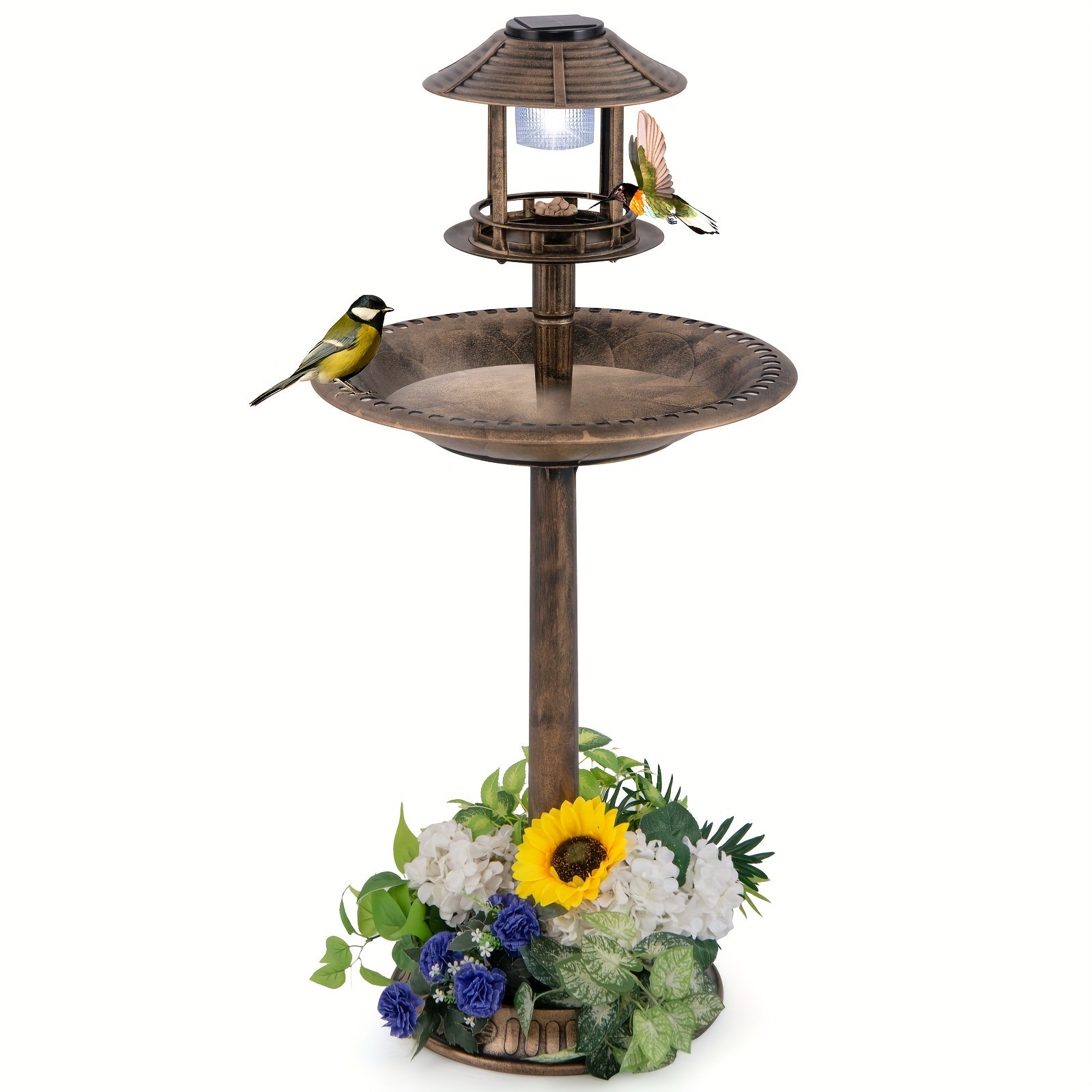 TEMU Costway 3-in-1 Outdoor Bird Bath Fountain With Light, Feeder & Flower Planter - Solar Panel & Aa Included, 42" Tall Ant Bronze Water Feature,