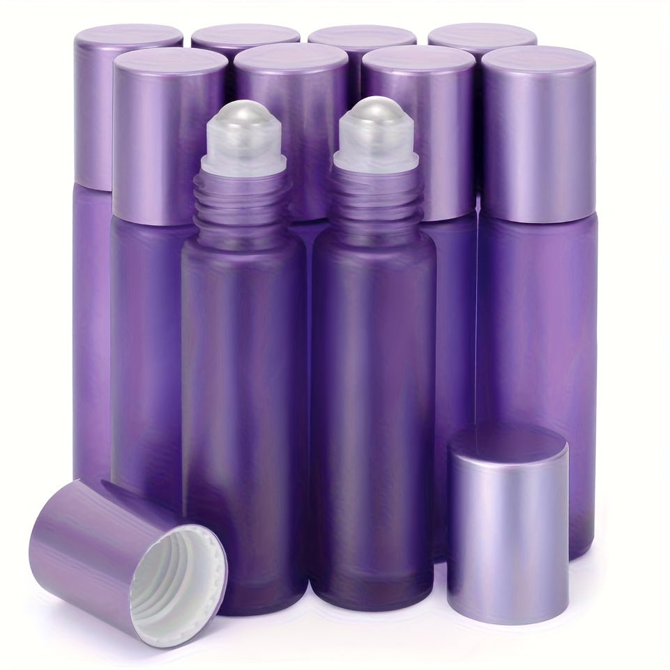 TEMU Empty Essential Oil Roller Bottles, 0.33oz Purplr Glass Bottles With Stainless Steel , Perfumes And Lip Balms For Travel, 10-pack