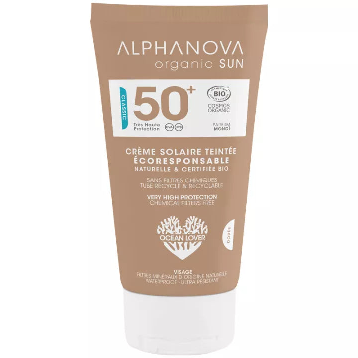 Alphanova Crème Solaire Visage Bio Waterproof Teinte Dorée Spf50+ Parfum Monoï Bio 50 g