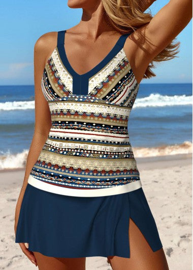 Modlily Patchwork Tribal Print Dark Blue Tankini Set - L