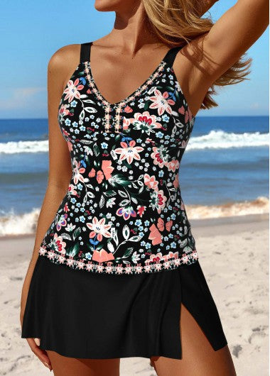 Modlily Patchwork Random Floral Print Black Tankini Set - M