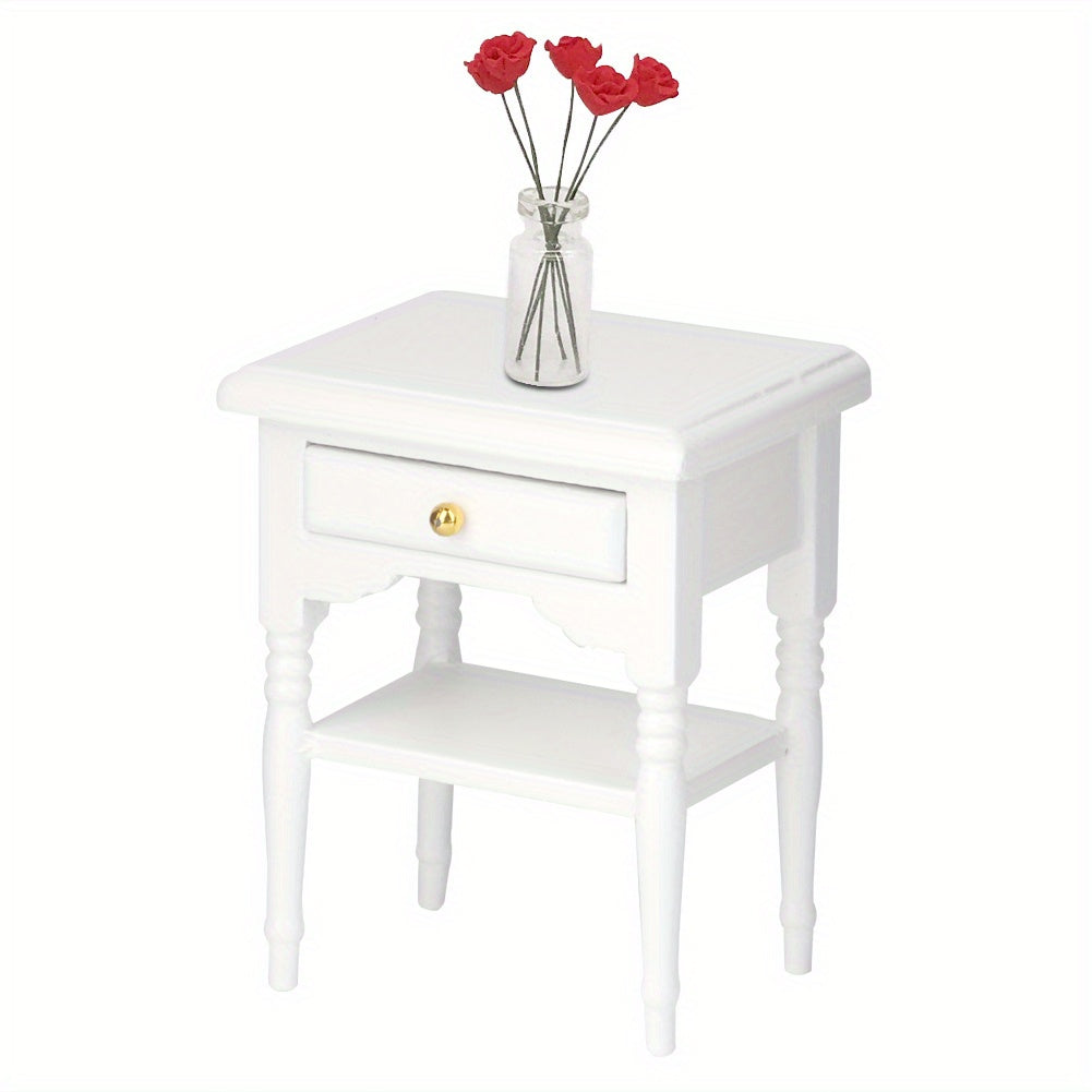 TEMU 1pc Keenso 1:12 Scale White Wooden Miniature Bedside Table With Drawer And Shelf, Dollhouse Bedroom Furniture, Craft Wood Model For Diy Decor