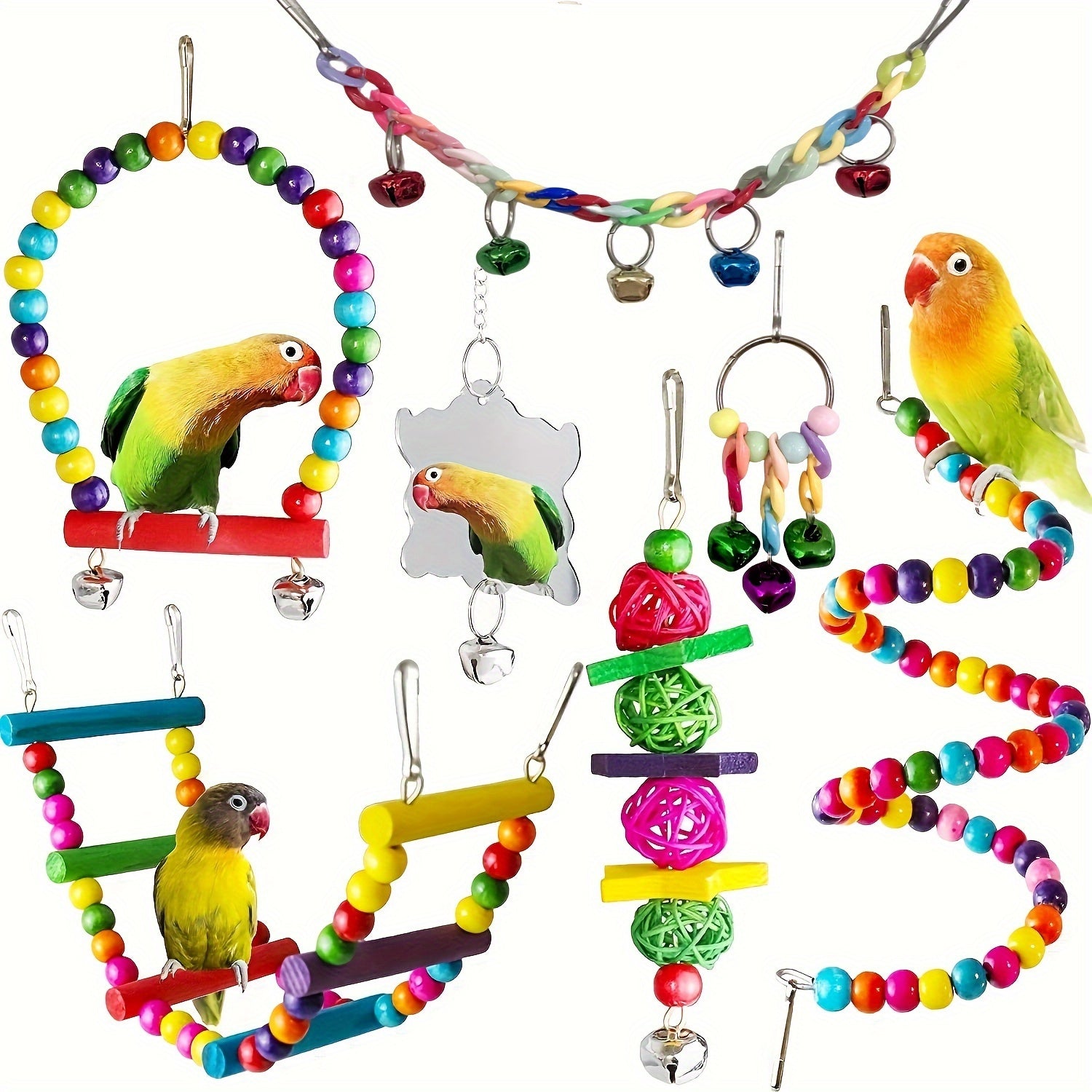 TEMU 7pcs Toy Set: Swing, Chewing, Hanging Cage Toys For Pet Parrots And Birds