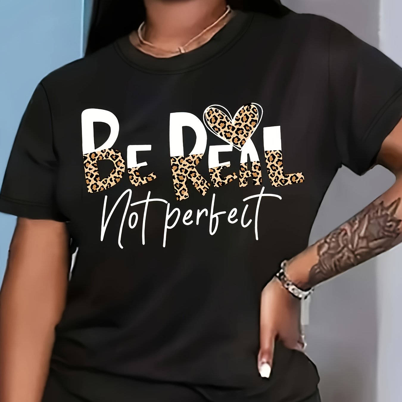 TEMU Comfortable Polyester Chic Leopard And Heart Print Women's Casual Round Neck T-shirt, Machine Washable