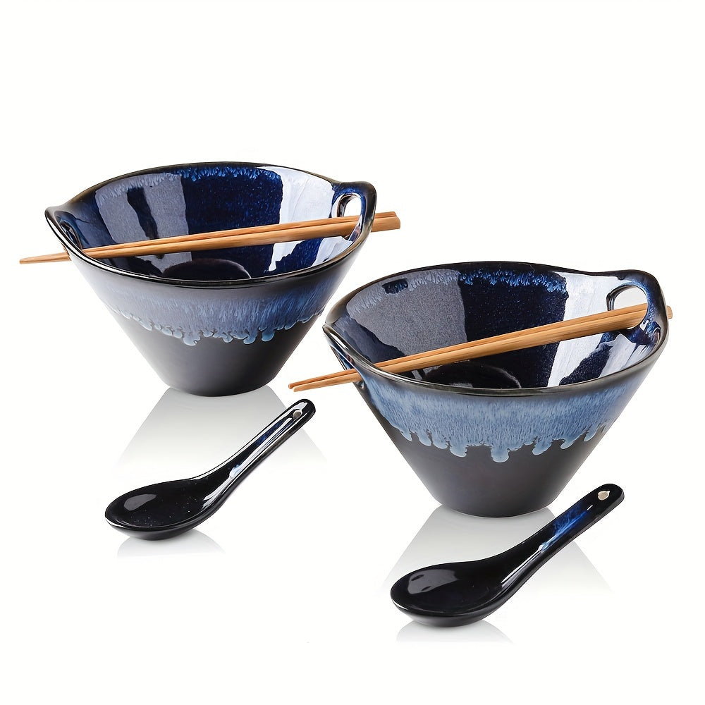 TEMU 2pcs Porcelain 26 Ounce Bowls With Chopsticks And Spoons, Deep Pho Bowl, Reactive Glaze (blue ), Set Of 2, Koov