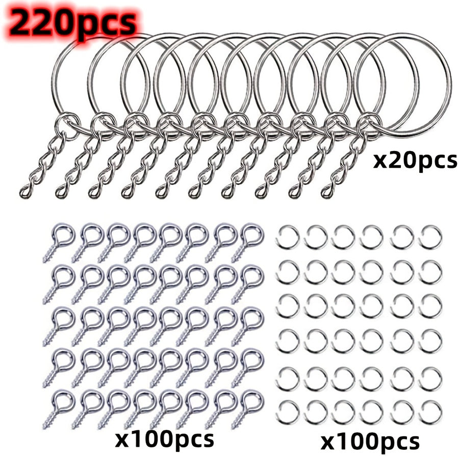 TEMU 220pcs Stainless Steel Diy Keychain Kit - No Gemstone - Assorted Split Rings With Chains For Crafting Key Rings And Phone Charms