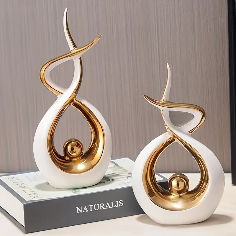 TEMU 2pcs Abstract Resin Sculptures - White & Golden Decor, Dual-size Tabletop Statues With Scratch-resistant Base For Living Room, Office, Dining -