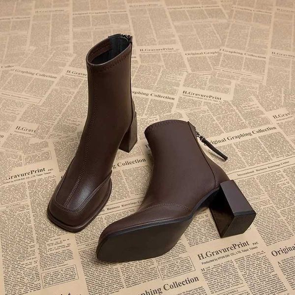 Booties Very High Heels Shoes for Women Heeled Brown Leather Footwear Work Short Female Ankle Boots Pu Sale Y2k Autumn QualityC241121