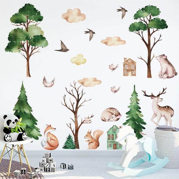 Cartoon Painted Forest Cabin Wall Stickers for Kids room Bedroom Wall Decor Home Decoration Vinyl Animals Trees Decals 240106