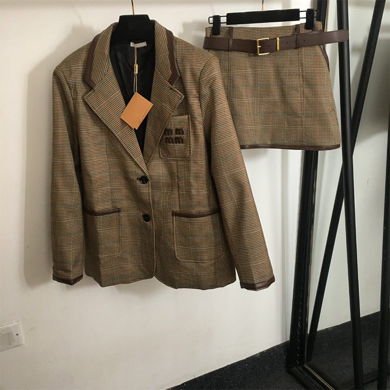 Womens Suit Thousand bird grid clothing long sleeved suit jacket short skirt with belt Logo embroidery sticker