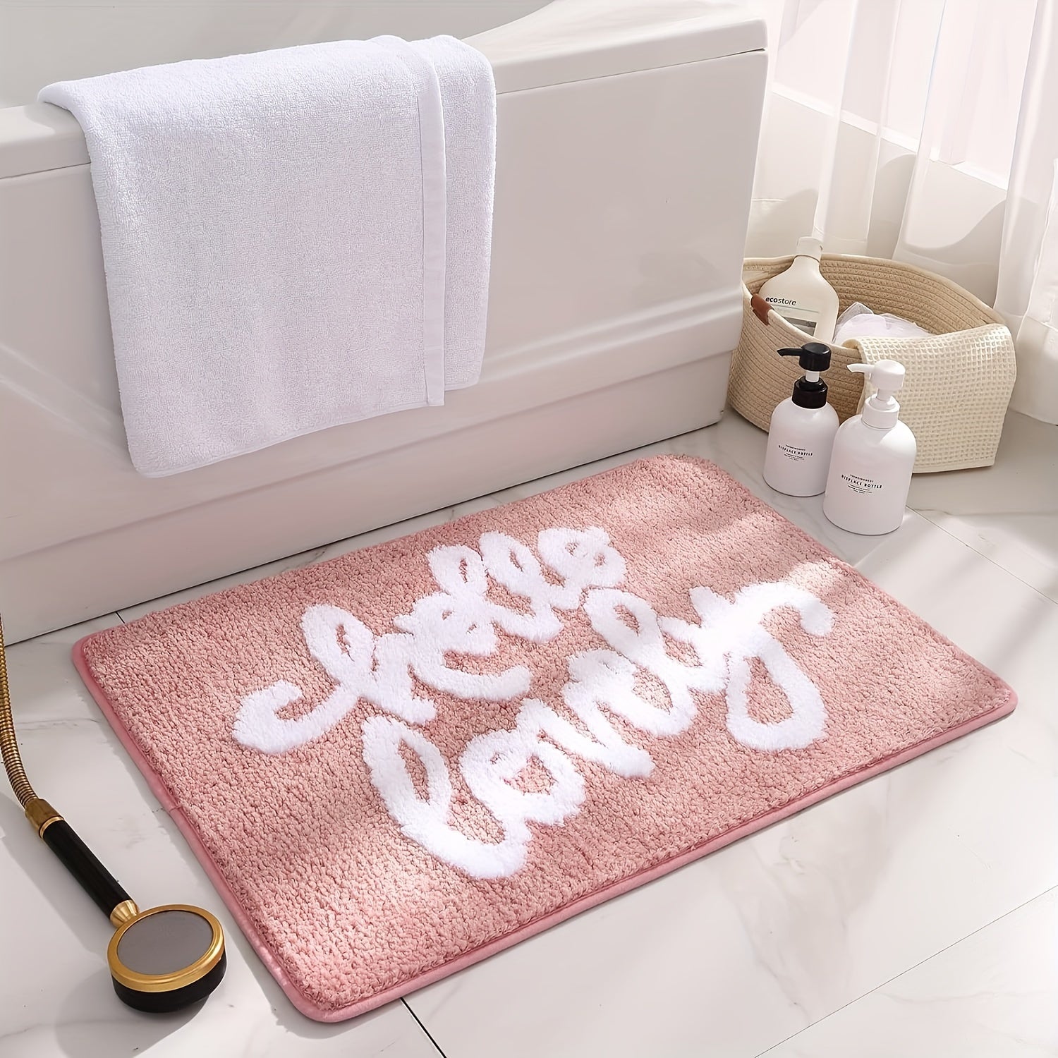 TEMU Plush Pink Bath Mat With Cute "" Cursive Lettering - Soft Rectangular Bathroom, Machine Washable & Tpr Backing, Non-slip High Quality Floor Mat