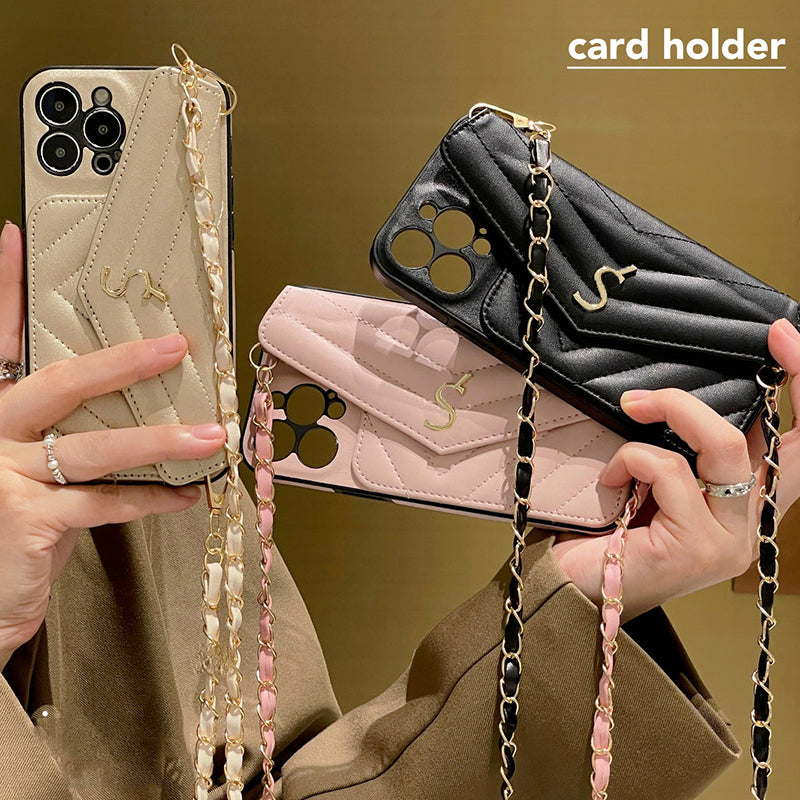 For Pro Max Crossbody Phone Designer Apple iPhone 14 ProMax 13 12 11 15 16 Plus phone Card Holder Leather Case Chain Strap Lanyard