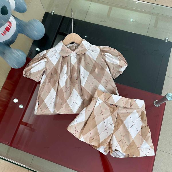 Brand designer baby clothes suit fashion kids sets Size 100-160 CM 2-piece set Bubble sleeved lapel T-shirt and diamond patterned shorts