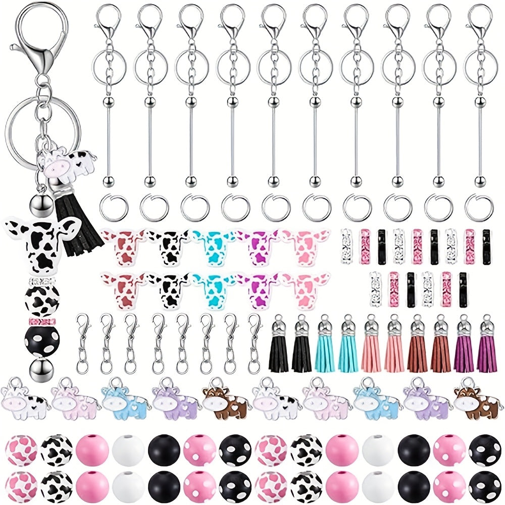 TEMU 108pcs Bead Keychain Set, Including 10 Keychains, 10 Lobster Chains, 28 Round Beads, 10 Beads, 10 Tassels, 10 Bull Pendants, And 30 Spacer Beads