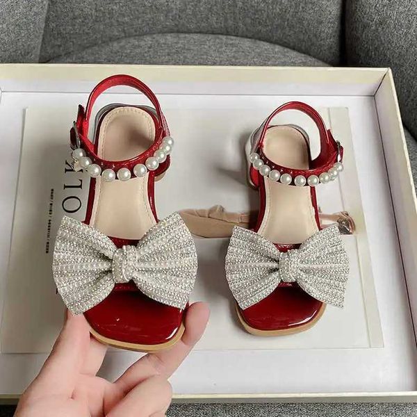 Girls Summer 2024 New Fashion Cute with Pearls Big Bownot Princess Shoes Trendy Square Heel All-match Sandals WX5.28