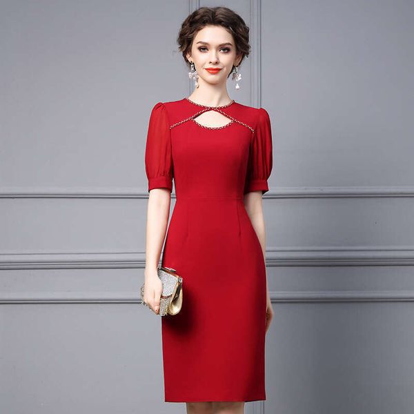 Wine Red 2024 Womens New Summer Exquisite Nail Bead Bubble Sleeve Banquet Waist Bag Hip Dress Short Novelty Bifurcated Denim Dress Pregnant
