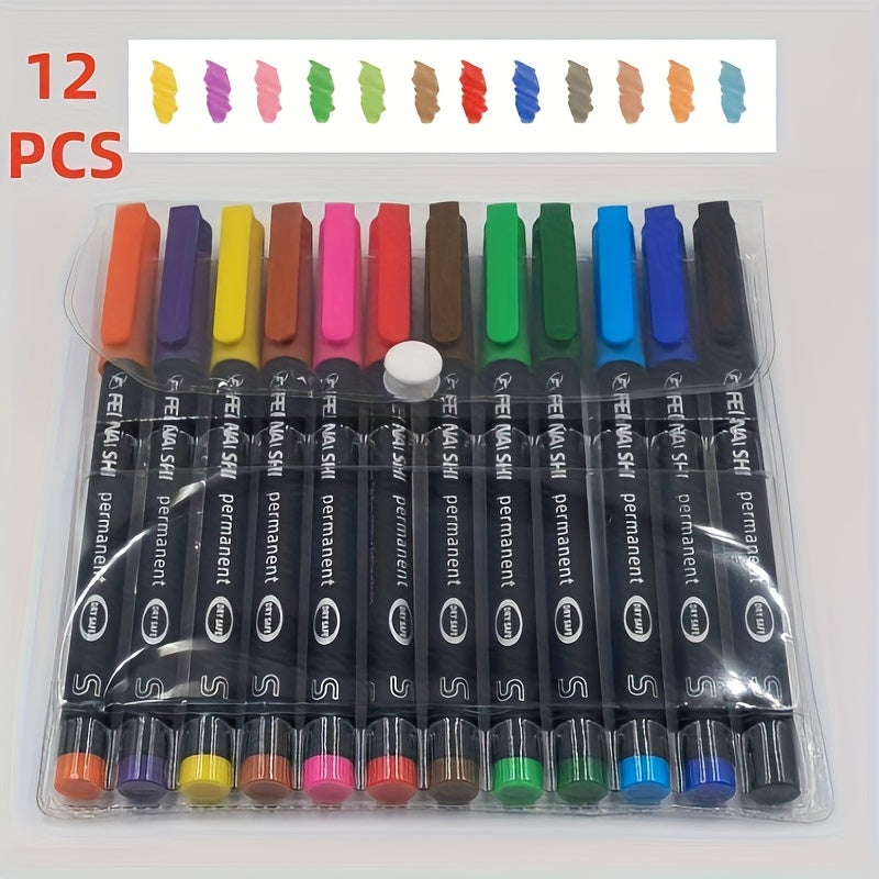 TEMU 12-color Fine Tip Waterproof Quick-dry Permanent Marker, Professional Artistic Line Pen - 0.4mm Fine Nib, 12 Ink Colors