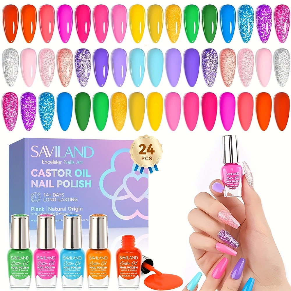 TEMU Saviland Nail Polish Set Quick-dry: 24 Locked Regular Nail Polish Kit Neon Glitter Finger Bulk Nail Polish Non Gel Plant-base Castor Oil Vitamin