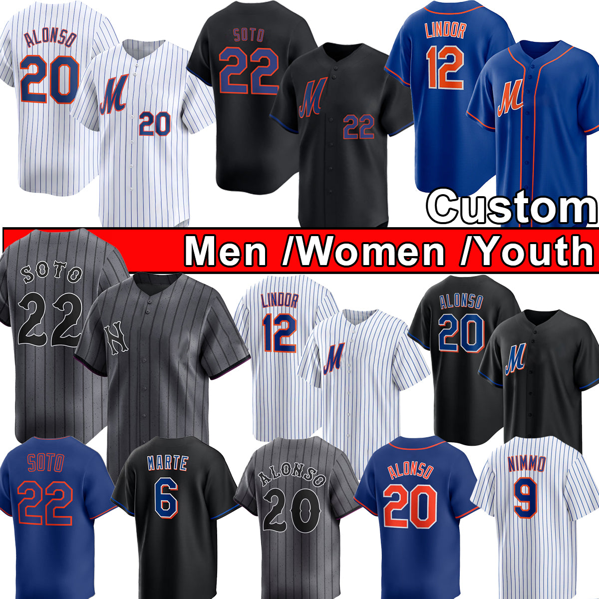 Juan Soto, Francisco Lindor, Pete Alonso, Mets Baseball Jerseys Jeff McNeil, Brandon Nimmo, Clay Holmes, Darryl Strawberry, Piazza, Winker, Aarez Me