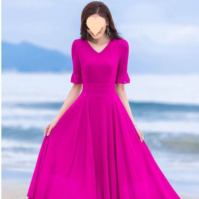 305 big swing skirt summer red mid-length dancing chiffon dress plus size long skirt over the knee holiday beach dress