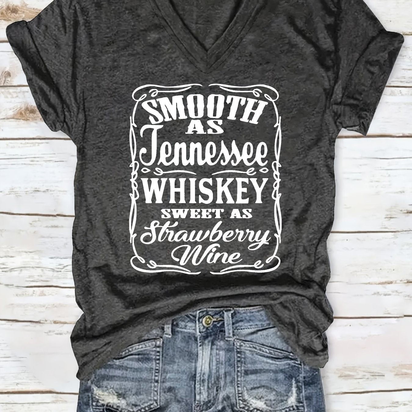 TEMU Women's Casual V-neck T-shirt - " Tennessee Whiskey" Graphic Print, Short Sleeve, Stretchy & Comfortable, Orange With White Lettering,