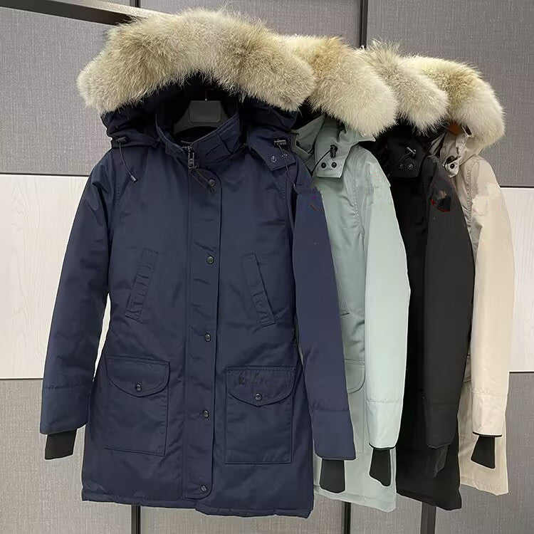 Women&#039;s Down Parkas Designer Womens Down Jacket Fashion Brand Long Coat Large Pocket Fur Collar Thermal Top Female autumn and winter Large