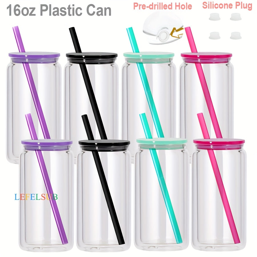 TEMU 4-6-8-25-50 Pack 16oz Plastic Snow Tumbler, Double Wall Cup With Pre Drilled Hole, Clear Plastic Can Shaped Soda Jar Cold Drinks Water Cups For